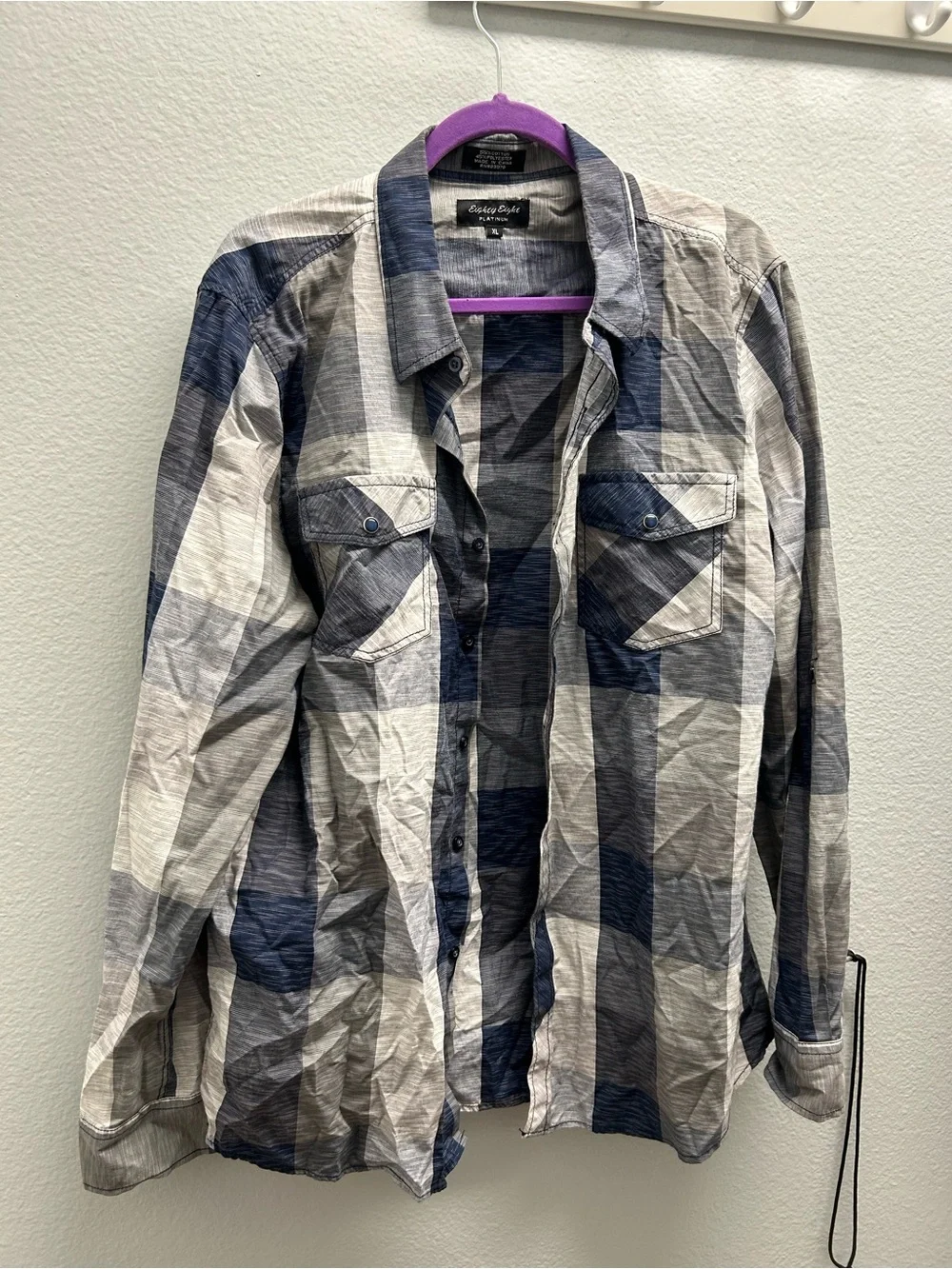 Eighty Eight Men's Navy and Gray Striped Plaid Shirt